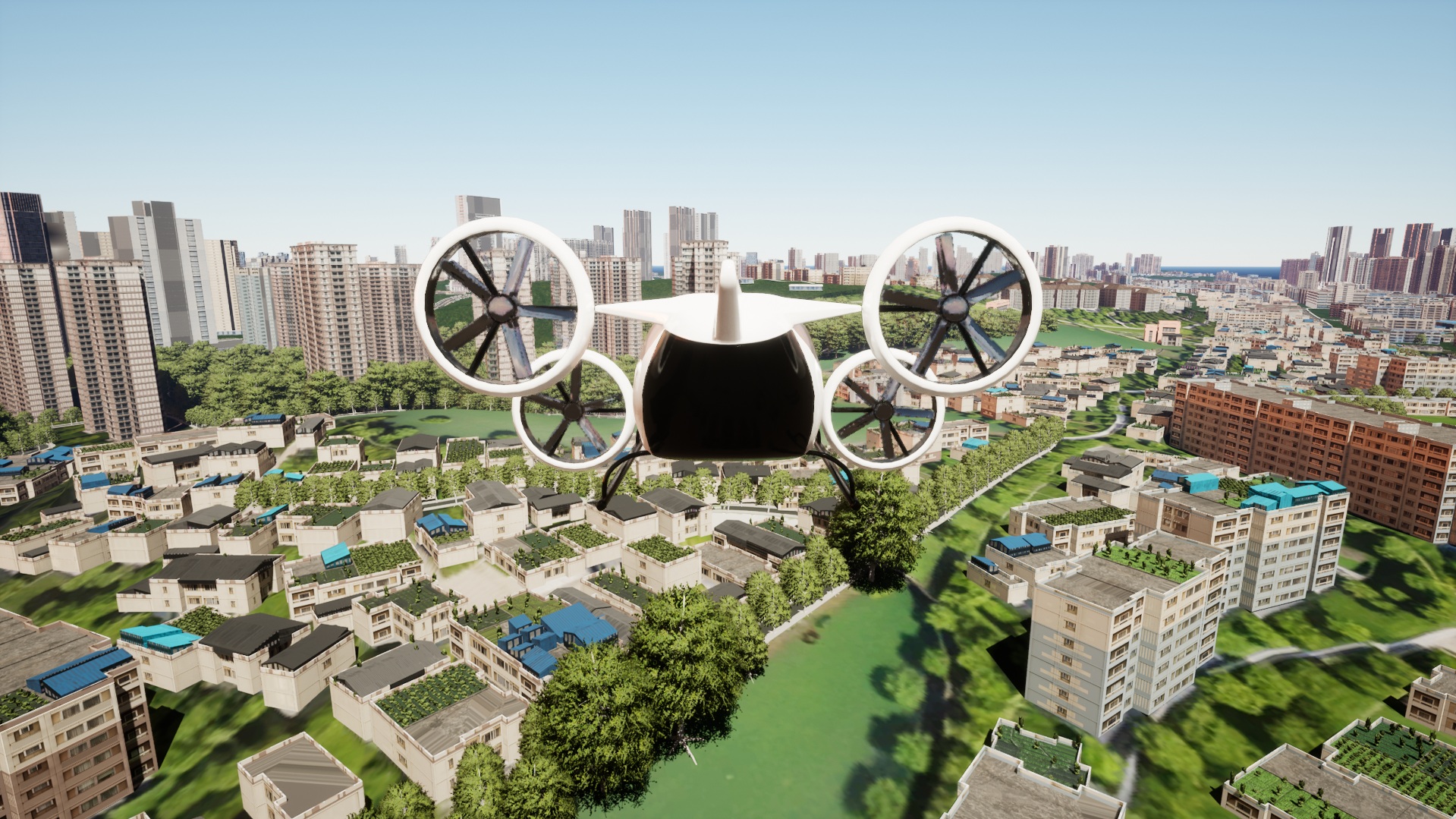 Air taxi flying over a dynamic city